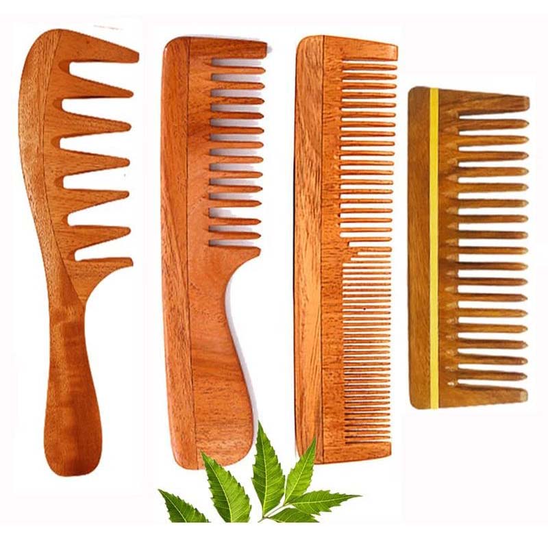 Rufiys Wide Tooth Neem Wooden Comb for Hair Growth Women & Men (Combo Pack 4)