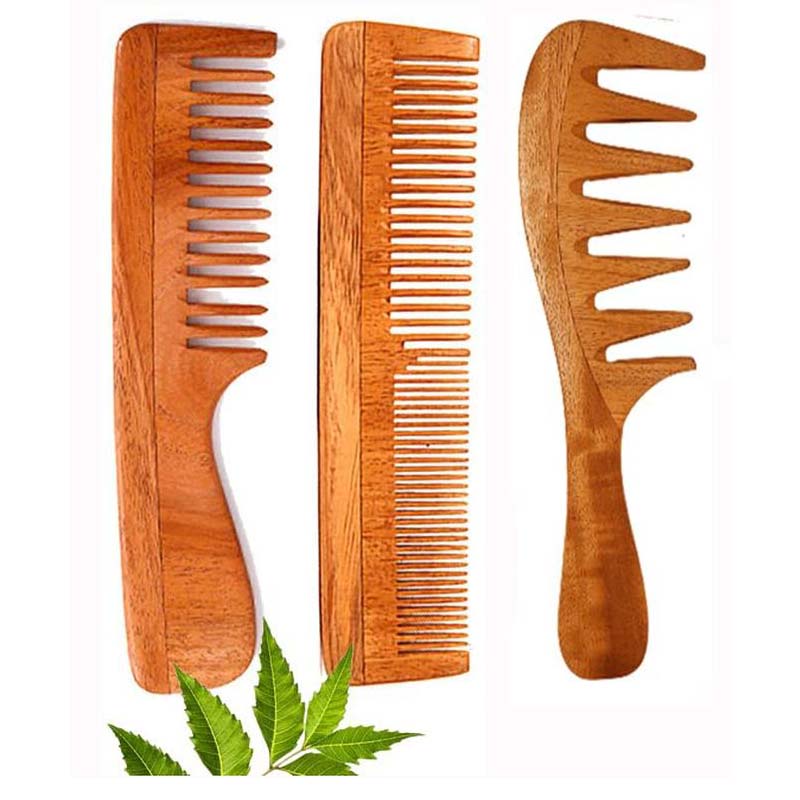 Rufiys Curly Hair Neem Wood Comb For Women & Men | Hair Growth | Hairfall | Dandruff Control | Detangle Wooden Comb Set Of 3