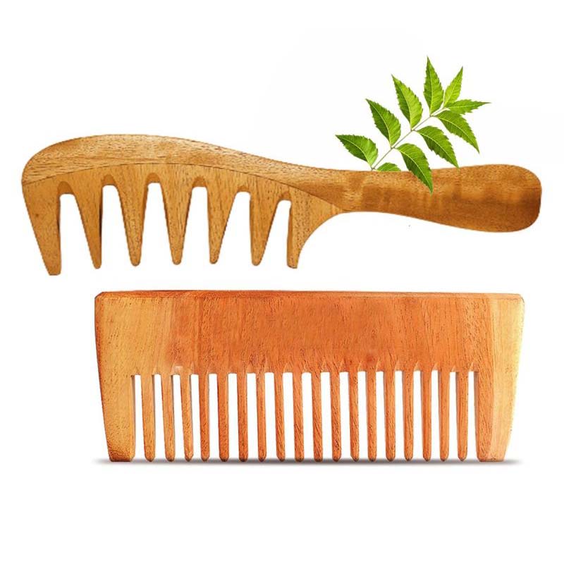 Rufiys Curly Hair Neem Wooden Comb for Women & Men |Wide Tooth Neem Wood Comb For Hair Growth | Hairfall | Dandruff Control | Detangle Comb Pack of 2