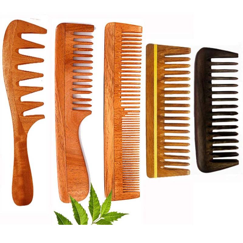 Rufiys Wooden Comb set for Women & Men | Hair Growth | Dandruff Control | Wide Tooth Round | Neem Wood Rosewood Curly Wavy straightener Detangler Hair Comb (Pack of 5)