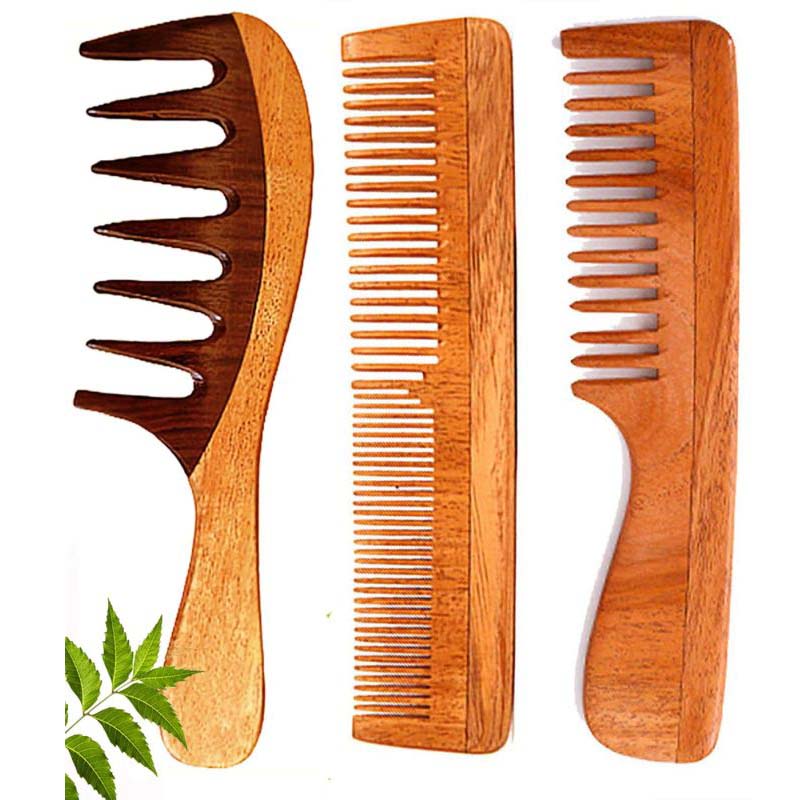 Wooden Curly Hair Wide Tooth Comb | Neem Wood Curly Hair Comb for Women & Men | Hair Growth | Anti Dandruff | Detangler Comb (NEEM_COMB-PACK OF 3)