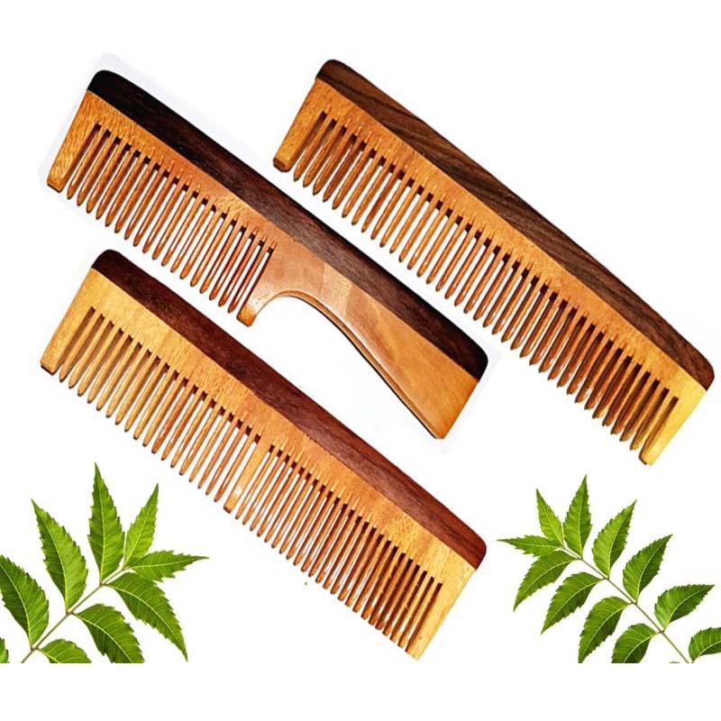 Rufiys Neem Wood + Rosewood Comb for Men & Women | Wide Tooth Anti Dandruff | Anti-Static | Hair Growth Pack of 3