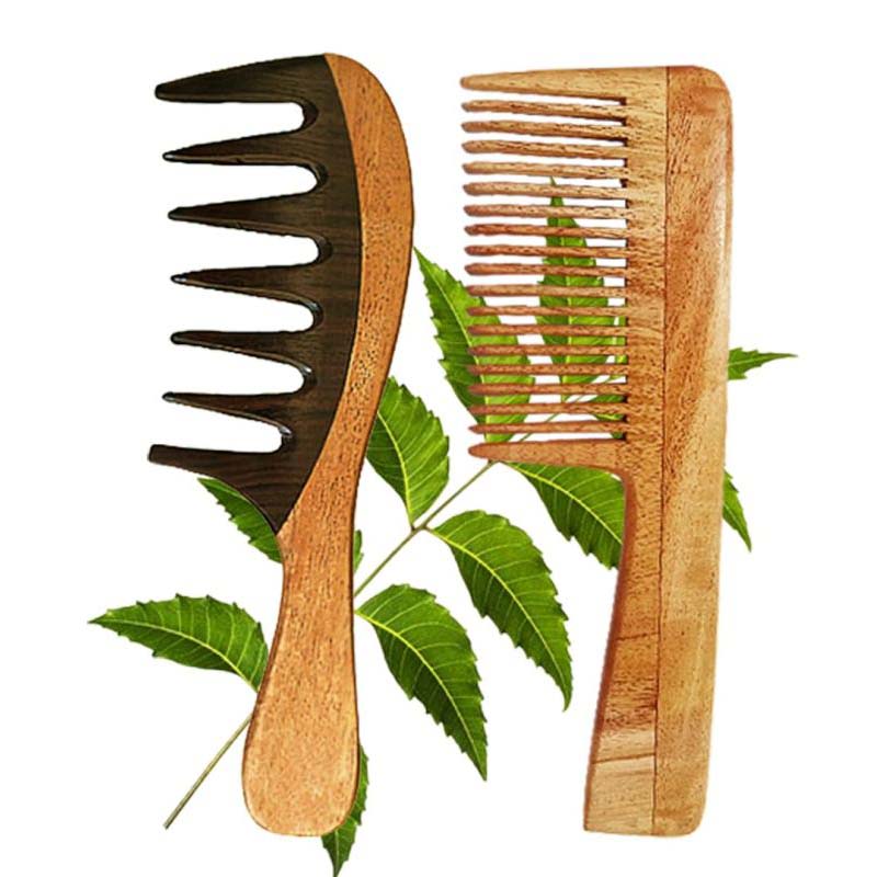 Wooden Curly Hair Wide Tooth Comb | Neem Wood Curly Hair Comb for Women & Men | Hair Growth | Anti Dandruff | Detangler Comb (NEEM_COMB_BLK-PACK OF 2)