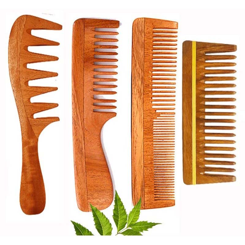 Rufiys Wide Tooth Neem Wooden Comb for Hair Growth Women & Men (Combo Pack 4)