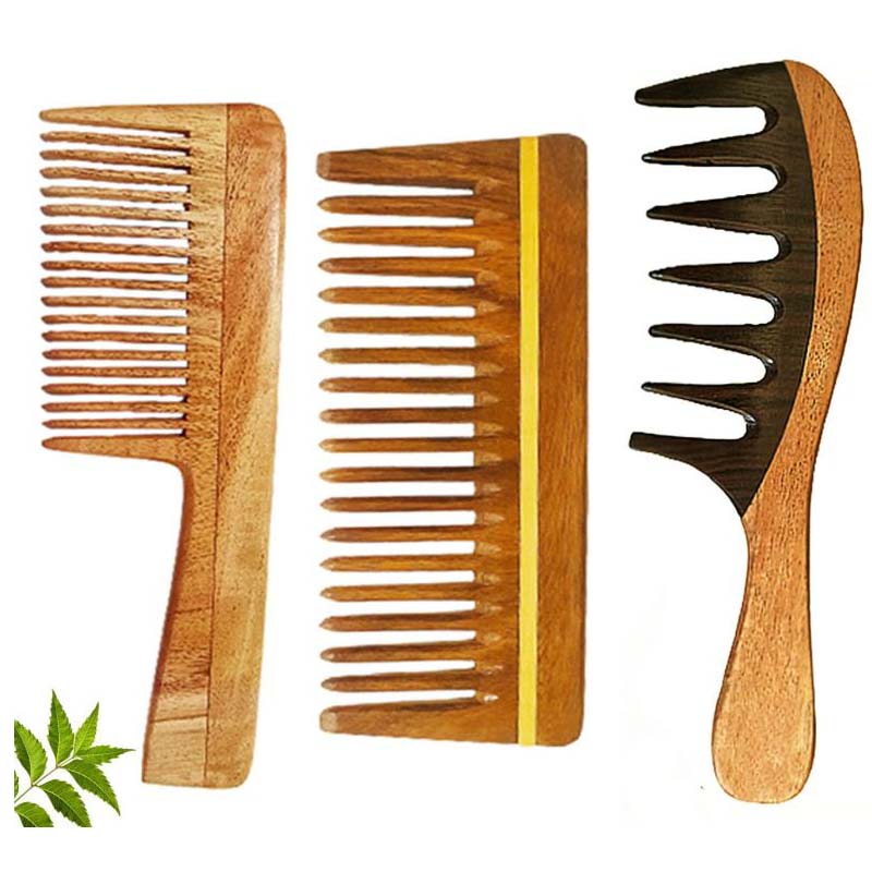 Wooden Curly Hair Wide Tooth Comb | Neem Wood Curly Hair Comb for Women & Men | Hair Growth | Anti Dandruff | Detangler Comb (NEEM_COMBO PACK OF 3)