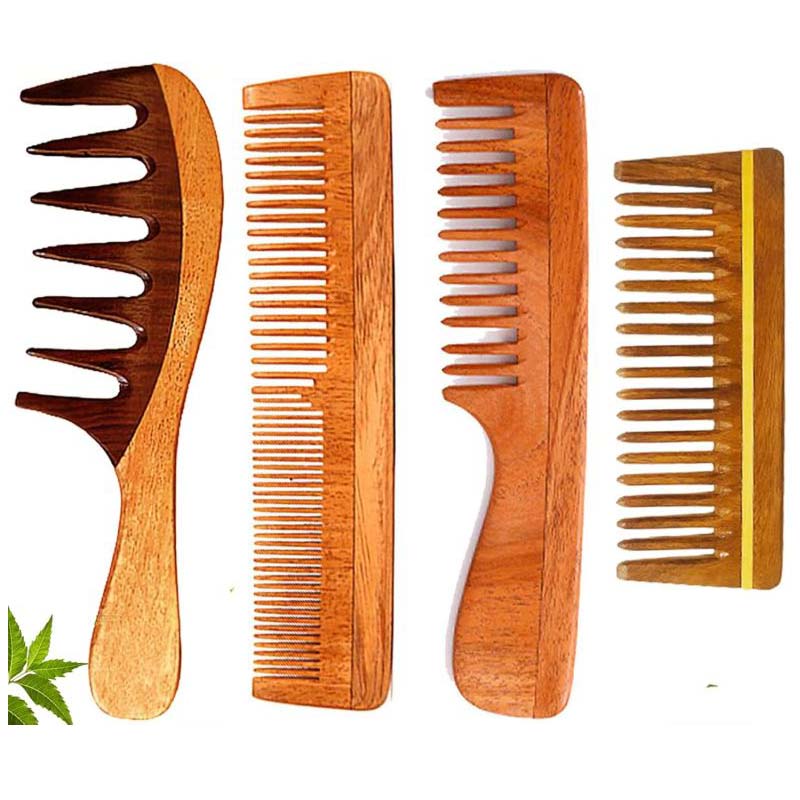 Wooden Curly Hair Wide Tooth Comb | Neem Wood Curly Hair Comb for Women & Men | Hair Growth | Anti Dandruff | Detangler Comb (NEEM_COMB-PACK OF 4)