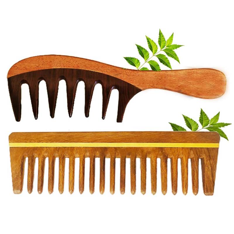 Wooden Curly Hair Wide Tooth Comb | Neem Wood Curly Hair Comb for Women & Men | Hair Growth | Anti Dandruff | Detangler Comb (NEEM_BLK_COMBO PACK OF 2)