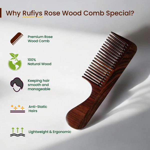 Rose Wood Comb for Women & Men | Wooden Handle Comb for Detangling, Scalp Massage & Styling