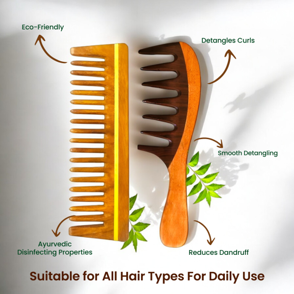 Rufiys Neem Wide Tooth Comb for Curly Hair | Rose Wood Tooth Comb for Detangling (Combo Pack of 2)