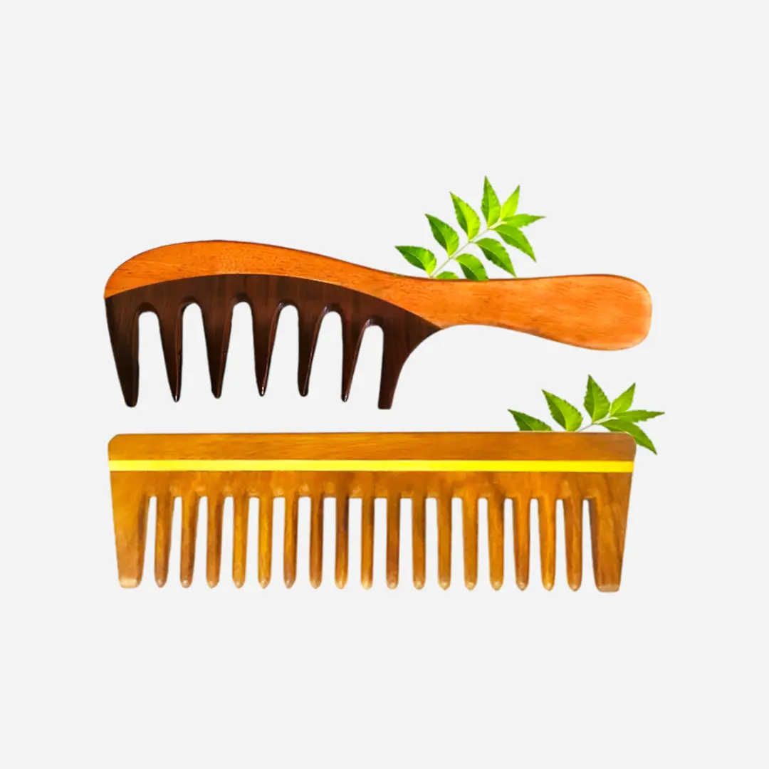Rufiys Neem Wide Tooth Comb for Curly Hair | Rose Wood Tooth Comb for Detangling (Combo Pack of 2)
