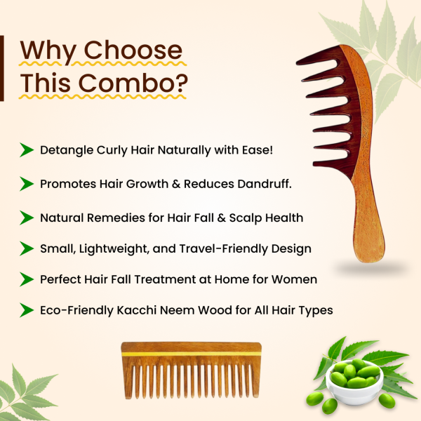 Rufiys Neem Wide Tooth Comb for Curly Hair | Rose Wood Tooth Comb for Detangling (Combo Pack of 2)