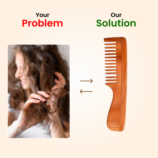 Rufiys Natural Neem Wood Wide-Tooth Comb with Handle | Helps Hair Growth & Dandruff Removal for Women & Men