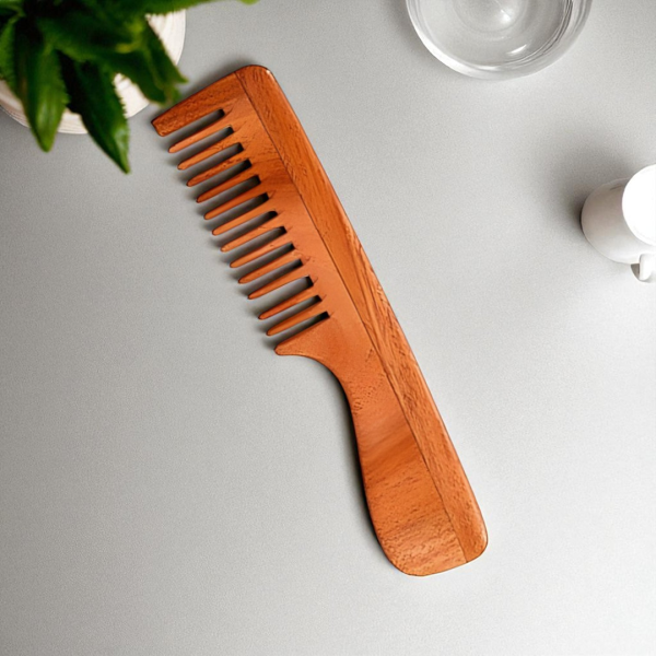 Rufiys Natural Neem Wood Wide-Tooth Comb with Handle | Helps Hair Growth & Dandruff Removal for Women & Men