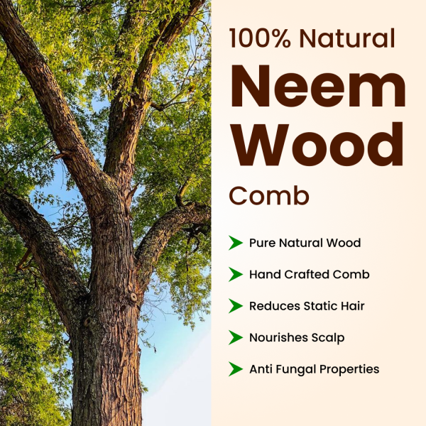 Rufiys Natural Neem Wood Wide-Tooth Comb with Handle | Helps Hair Growth & Dandruff Removal for Women & Men