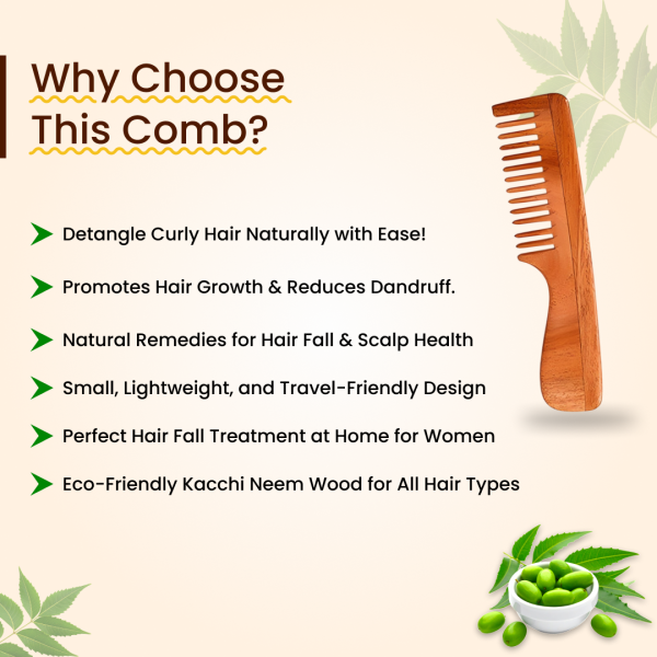 Rufiys Natural Neem Wood Wide-Tooth Comb with Handle | Helps Hair Growth & Dandruff Removal for Women & Men