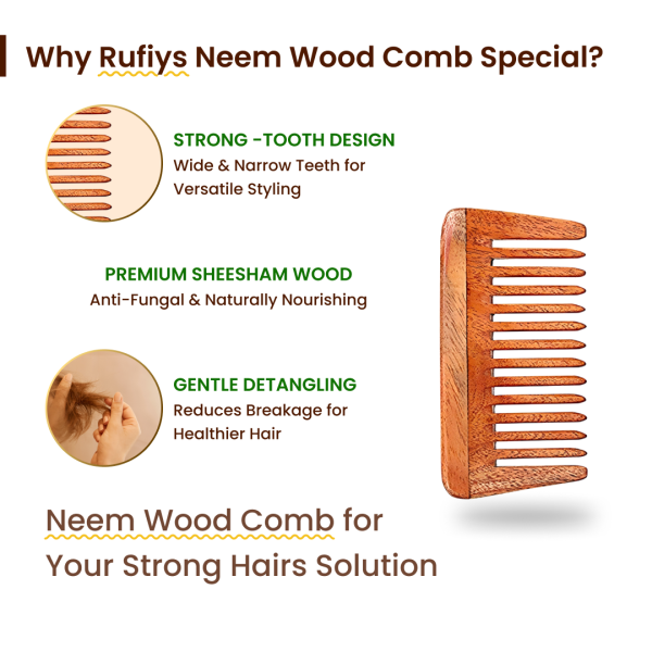 Rufiys Small Tooth Neem Wood Comb for Hair Growth (kacchi Small)