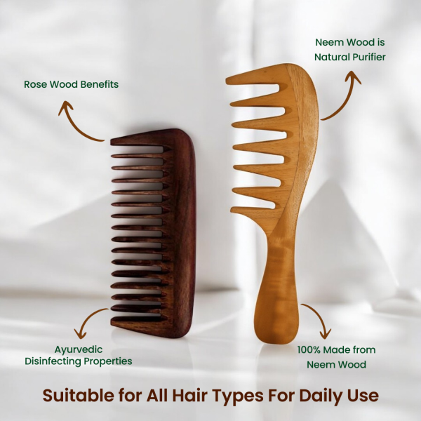 Rufiys Neem Wood and Rosewood Comb for Women & Men Combo Pack | Hair Growth | Neem Wooden Comb Wide Tooth Curly Hair Detangle | Anti Dandruff | Non Static | Styling