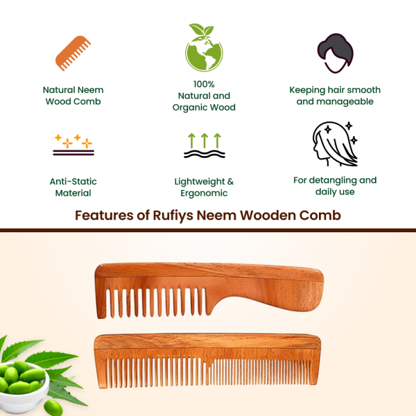 Rufiys Pure Neem Wood Comb Set | Detangling & Dressing Comb for Hair Growth, Dandruff & Healthy Scalp (2 Pcs)
