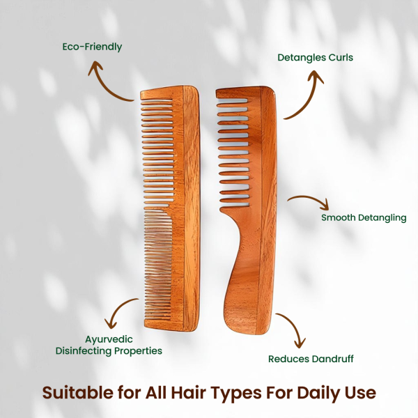 Rufiys Pure Neem Wood Comb Set | Detangling & Dressing Comb for Hair Growth, Dandruff & Healthy Scalp (2 Pcs)