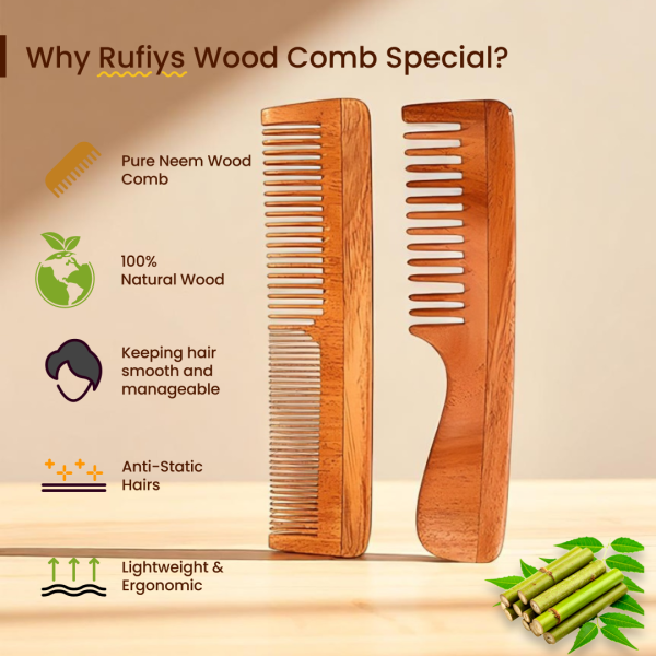 Rufiys Pure Neem Wood Comb Set | Detangling & Dressing Comb for Hair Growth, Dandruff & Healthy Scalp (2 Pcs)