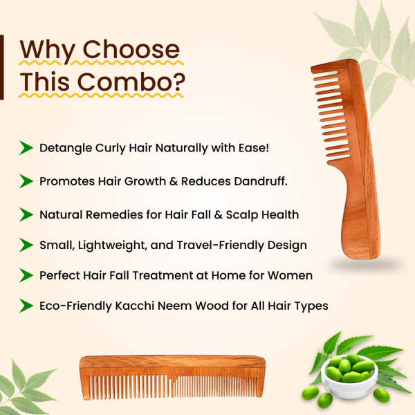 Rufiys Pure Neem Wood Comb Set | Detangling & Dressing Comb for Hair Growth, Dandruff & Healthy Scalp (2 Pcs)