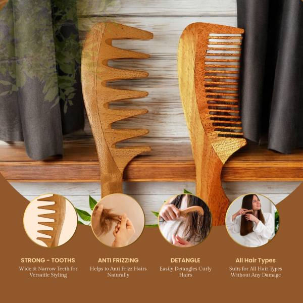 Rufiys Curly Hair Neem Wood Wide tooth Comb For Women & Men Hair Growth | Neem Wooden Detangler Comb Dandruff Control