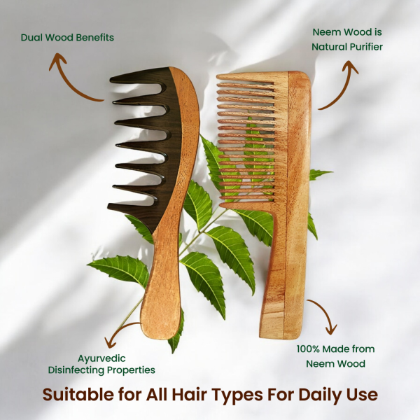 Rufiys Neem Wood Comb Pack of 2 | Wide Tooth Hair Growth Comb for Curly Hair