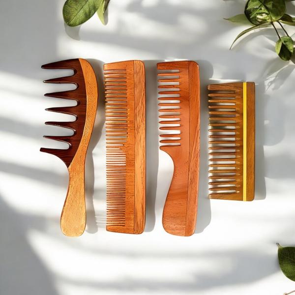 Wooden Comb for Women & Men Hair Growth AntiDandruff Detangle Frizz & Curly Hair Pack of 4