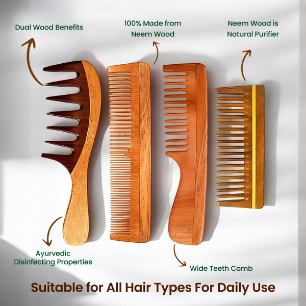 Wooden Comb for Women & Men Hair Growth AntiDandruff Detangle Frizz & Curly Hair Pack of 4