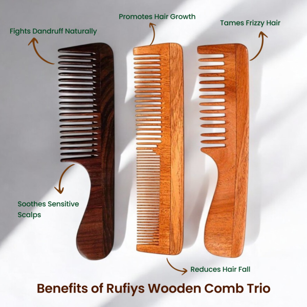 Rose Wood Comb Trio by Rufiys: Neem & Double Tooth for Women (Combo-3)