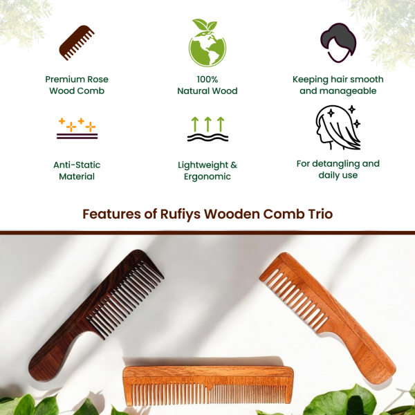 Rose Wood Comb Trio by Rufiys: Neem & Double Tooth for Women (Combo-3)